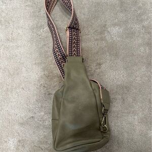 Olive Green Crossbody Bag with Patterned Strap
